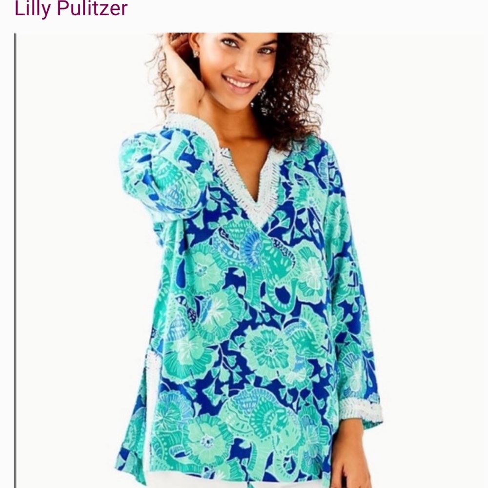 Lilly Pulitzer Renato Blue and Green Elephant Print Top